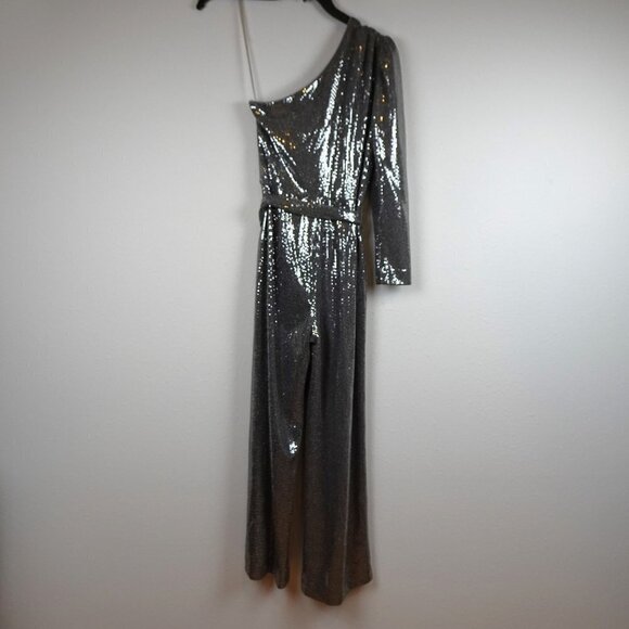 Alex Marie Silver Jumpsuit Women's Petite Size 4P Belted One Shoulder NEW - Picture 8 of 12